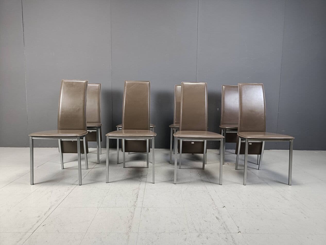 Set of eight dining chairs, grey leather, chrome, Belgium, 1980s. - 269466