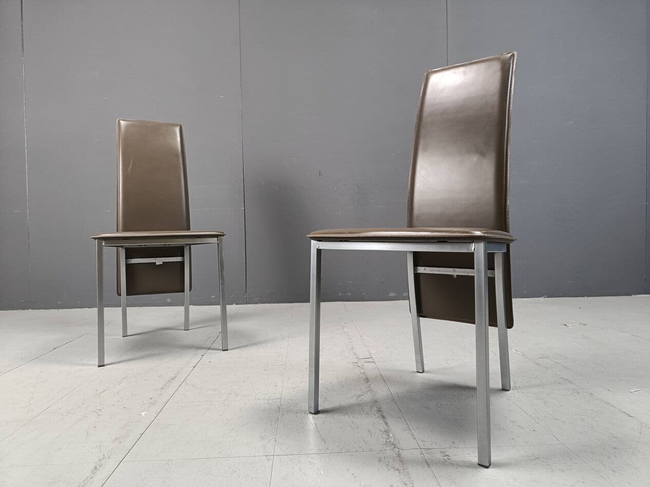 Set of eight dining chairs, grey leather, chrome, Belgium, 1980s. - 269470