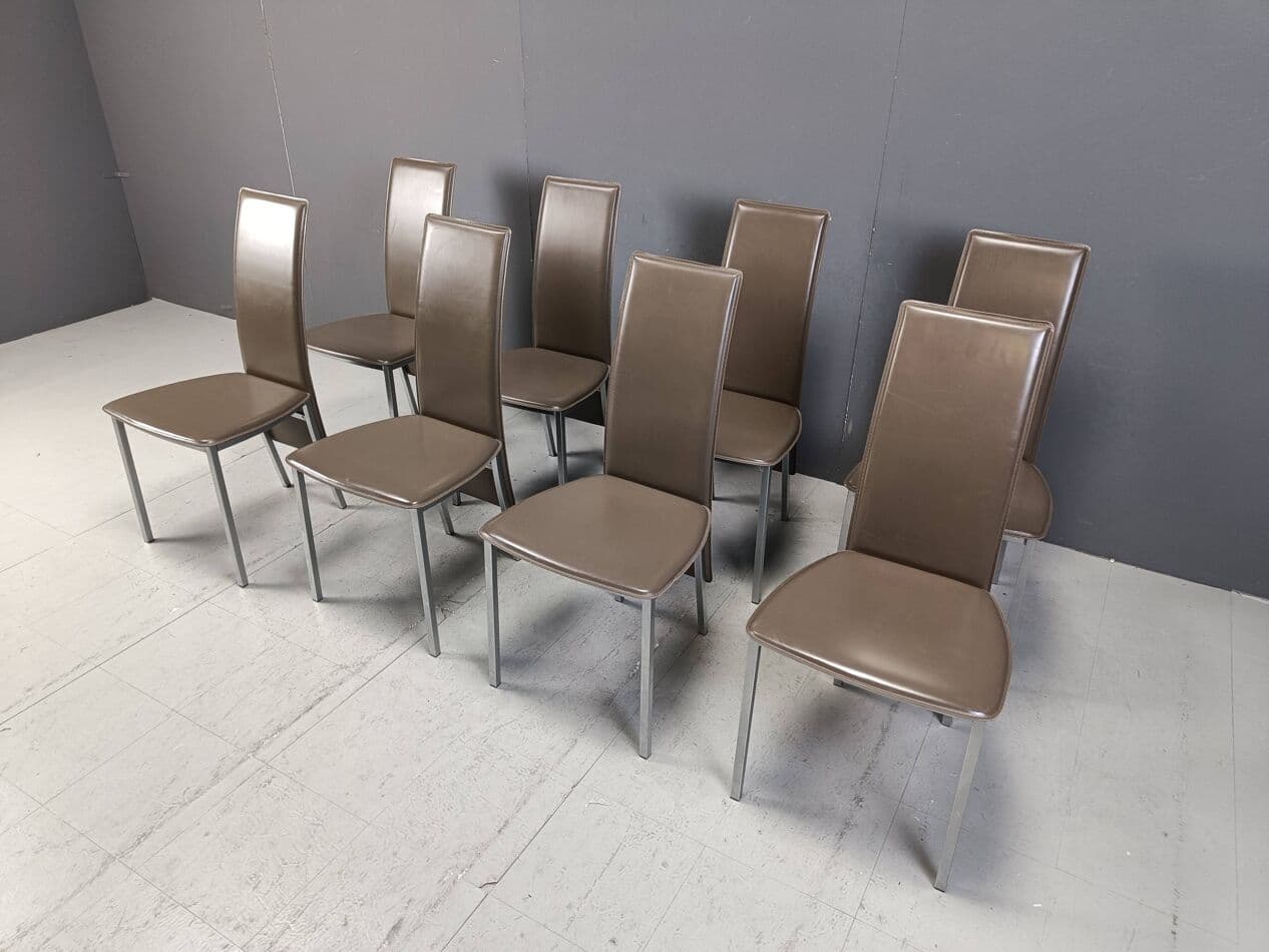 Set of eight dining chairs, grey leather, chrome, Belgium, 1980s. - 269468