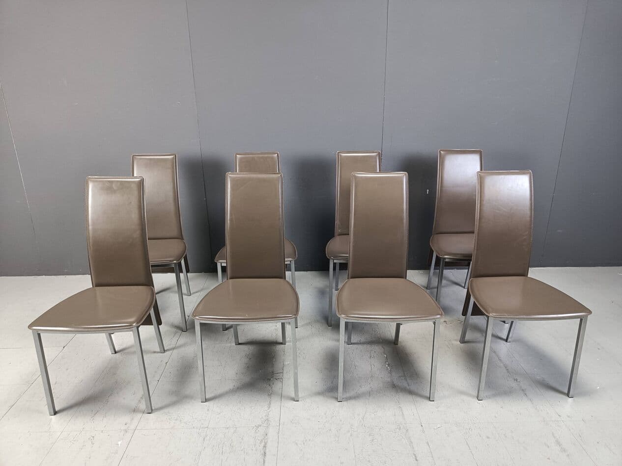 Set of eight dining chairs, grey leather, chrome, Belgium, 1980s. - 269464