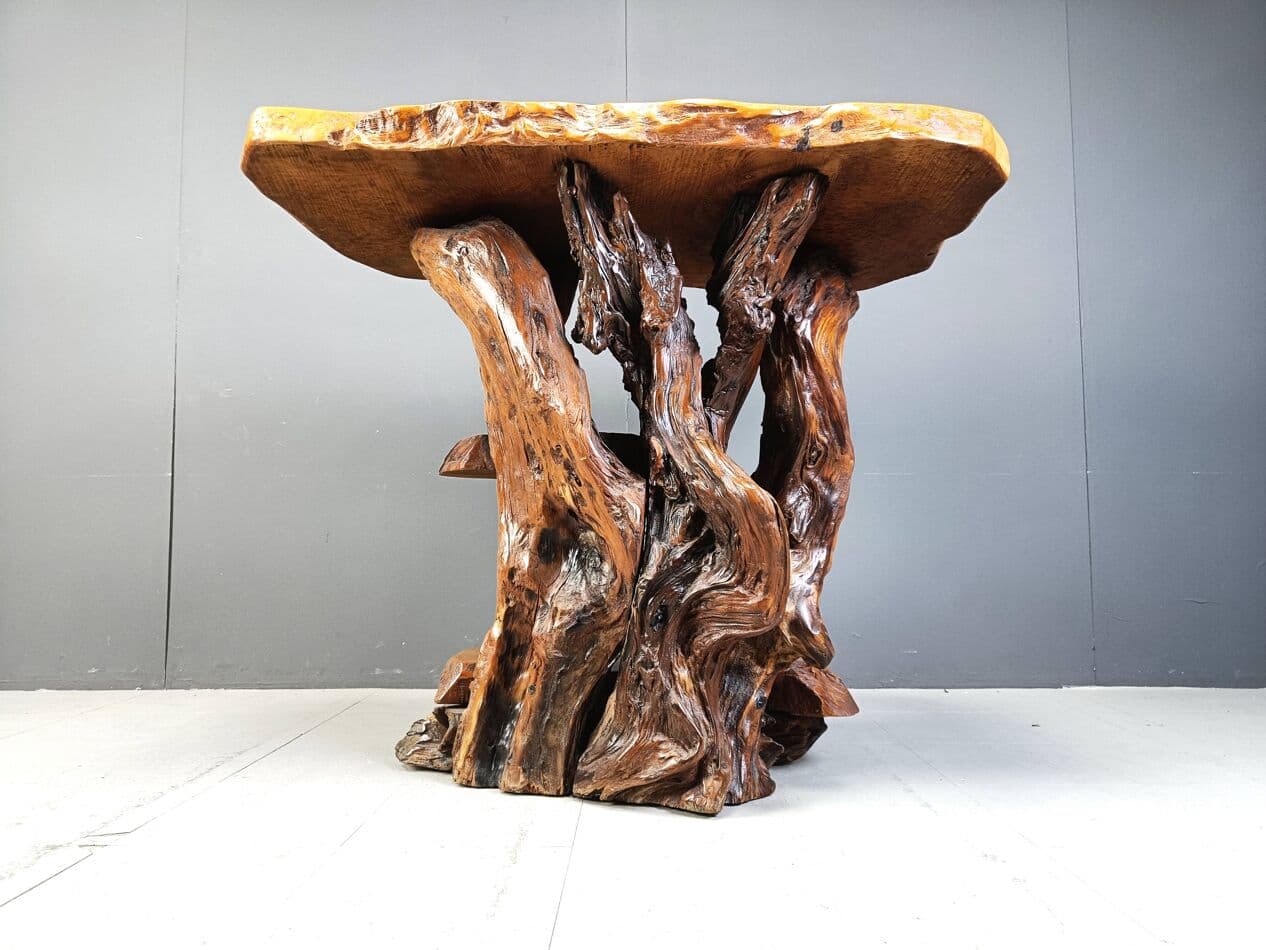 Konsola Travail Populaire, drewno oliwne burl brązowy, Włochy, lata 70. - 269431