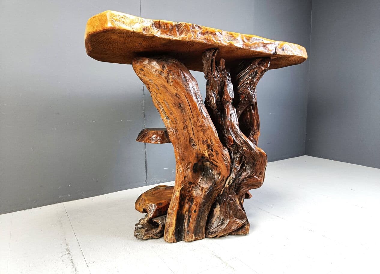 Konsola Travail Populaire, drewno oliwne burl brązowy, Włochy, lata 70. - 269435