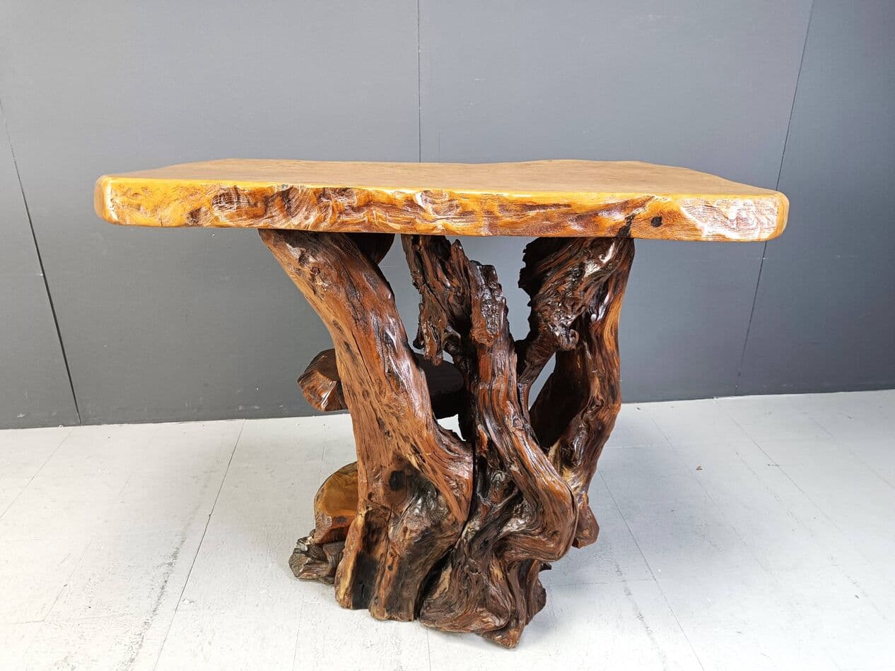 Konsola Travail Populaire, drewno oliwne burl brązowy, Włochy, lata 70. - 269430