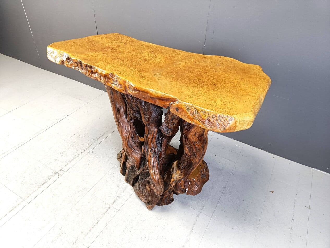 Konsola Travail Populaire, drewno oliwne burl brązowy, Włochy, lata 70. - 269432