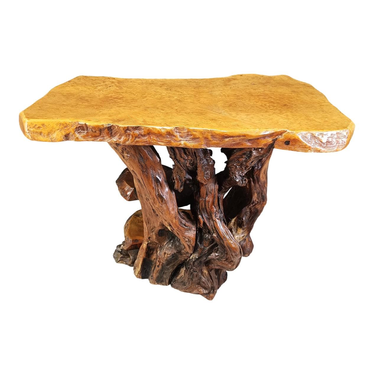 Konsola Travail Populaire, drewno oliwne burl brązowy, Włochy, lata 70.