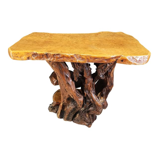 Konsola Travail Populaire, drewno oliwne burl brązowy, Włochy, lata 70. - WYMIARY