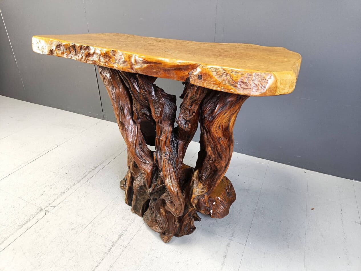 Konsola Travail Populaire, drewno oliwne burl brązowy, Włochy, lata 70. - 269433