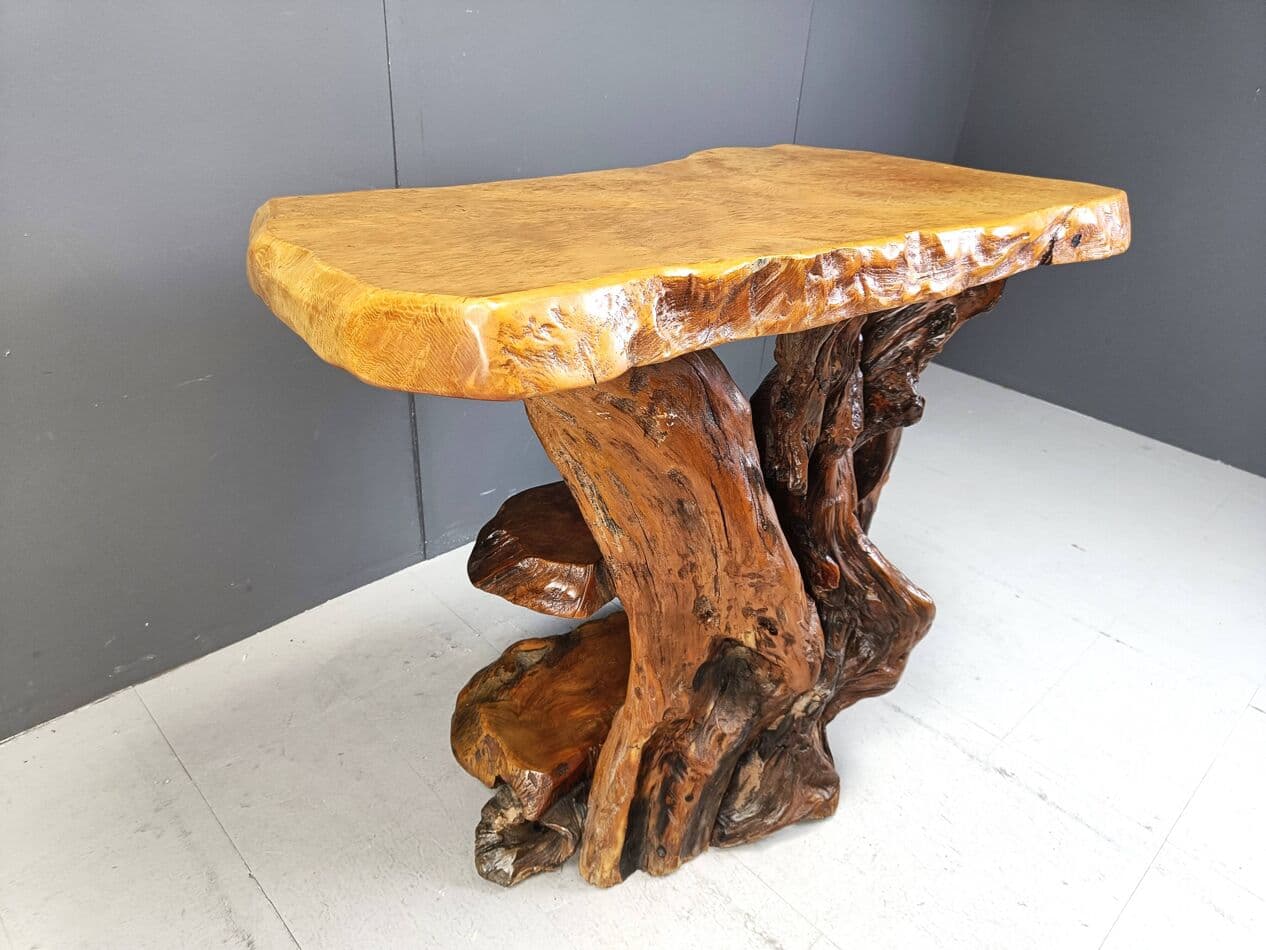 Konsola Travail Populaire, drewno oliwne burl brązowy, Włochy, lata 70. - 269434