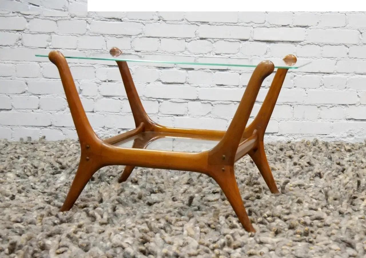 Coffee table, brown wood, clear glass, by C. Lacca, Italy, 1950s. - 19416