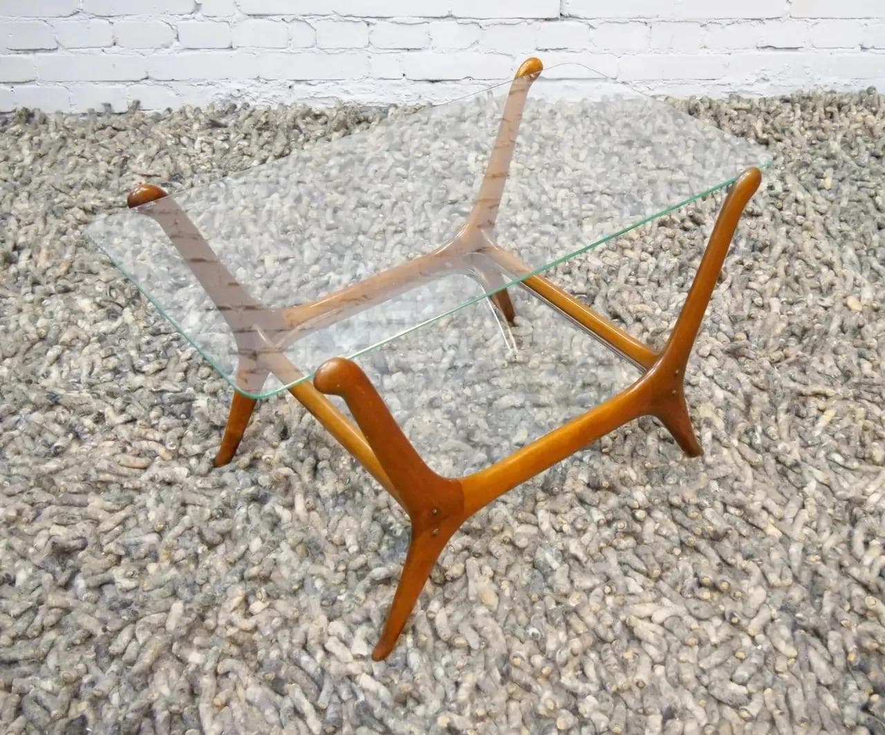 Coffee table, brown wood, clear glass, by C. Lacca, Italy, 1950s. - 19417