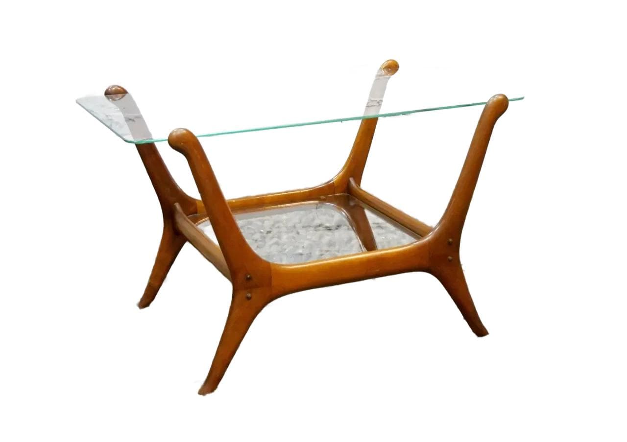 Coffee table, brown wood, clear glass, by C. Lacca, Italy, 1950s.