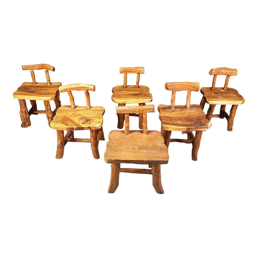 Set of six brutalist dining chairs, brown wood, Belgium, 1960s.