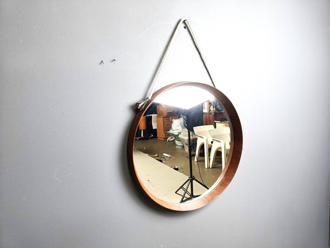 Wall mirror round, brown teak, Italy, 1960s - 269327