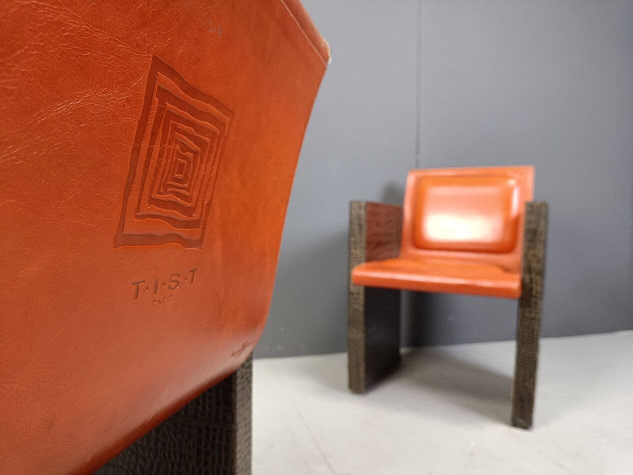 Zestaw czterech foteli, skóra pomarańczowa, skóra ekologiczna ciemnobrązowa, Francja, lata 70. - 269276