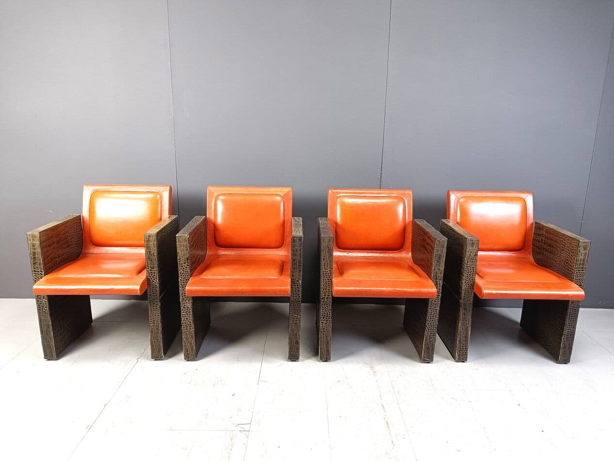 Zestaw czterech foteli, skóra pomarańczowa, skóra ekologiczna ciemnobrązowa, Francja, lata 70. - 269265