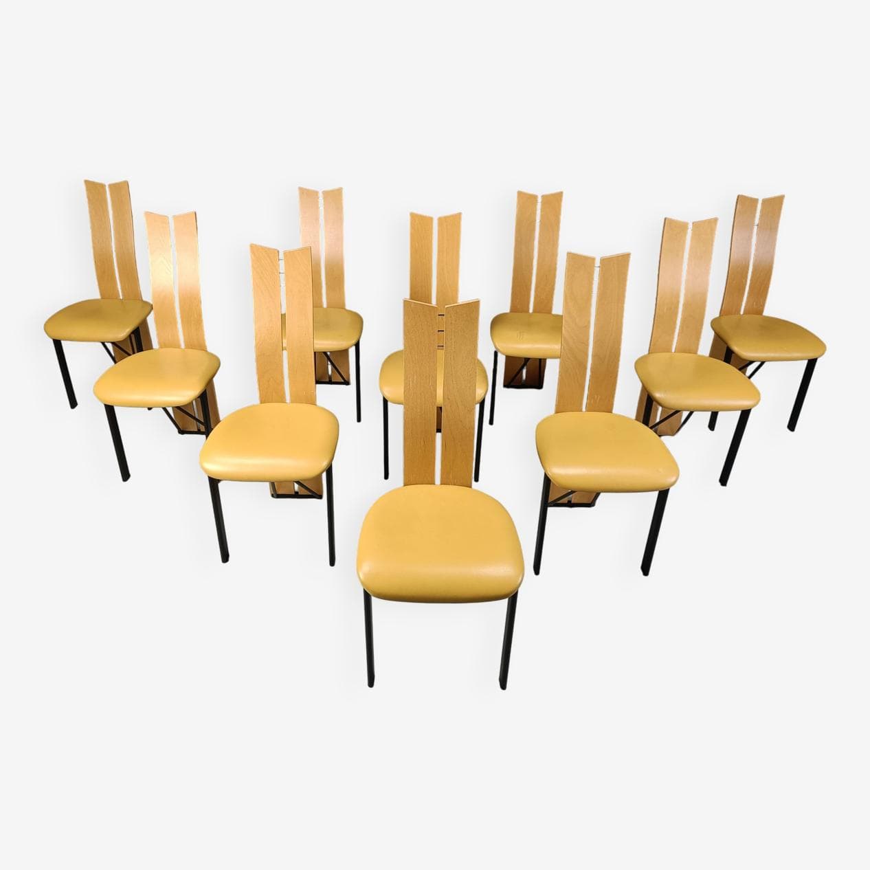 Set of ten postmodern dining chairs, beige oak, beige leather, black metal, Italy, 1980s. - 269255
