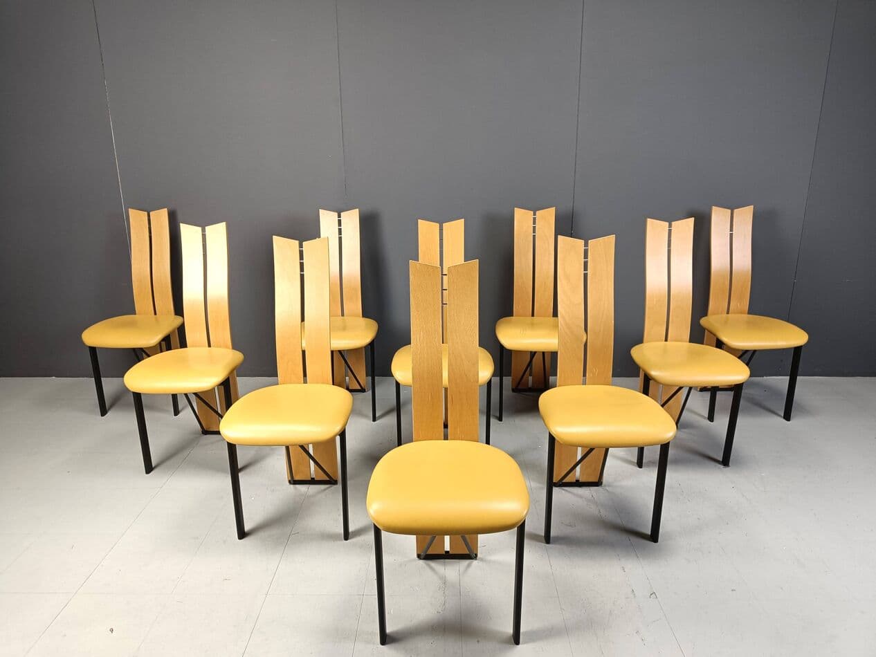 Set of ten postmodern dining chairs, beige oak, beige leather, black metal, Italy, 1980s. - 269254