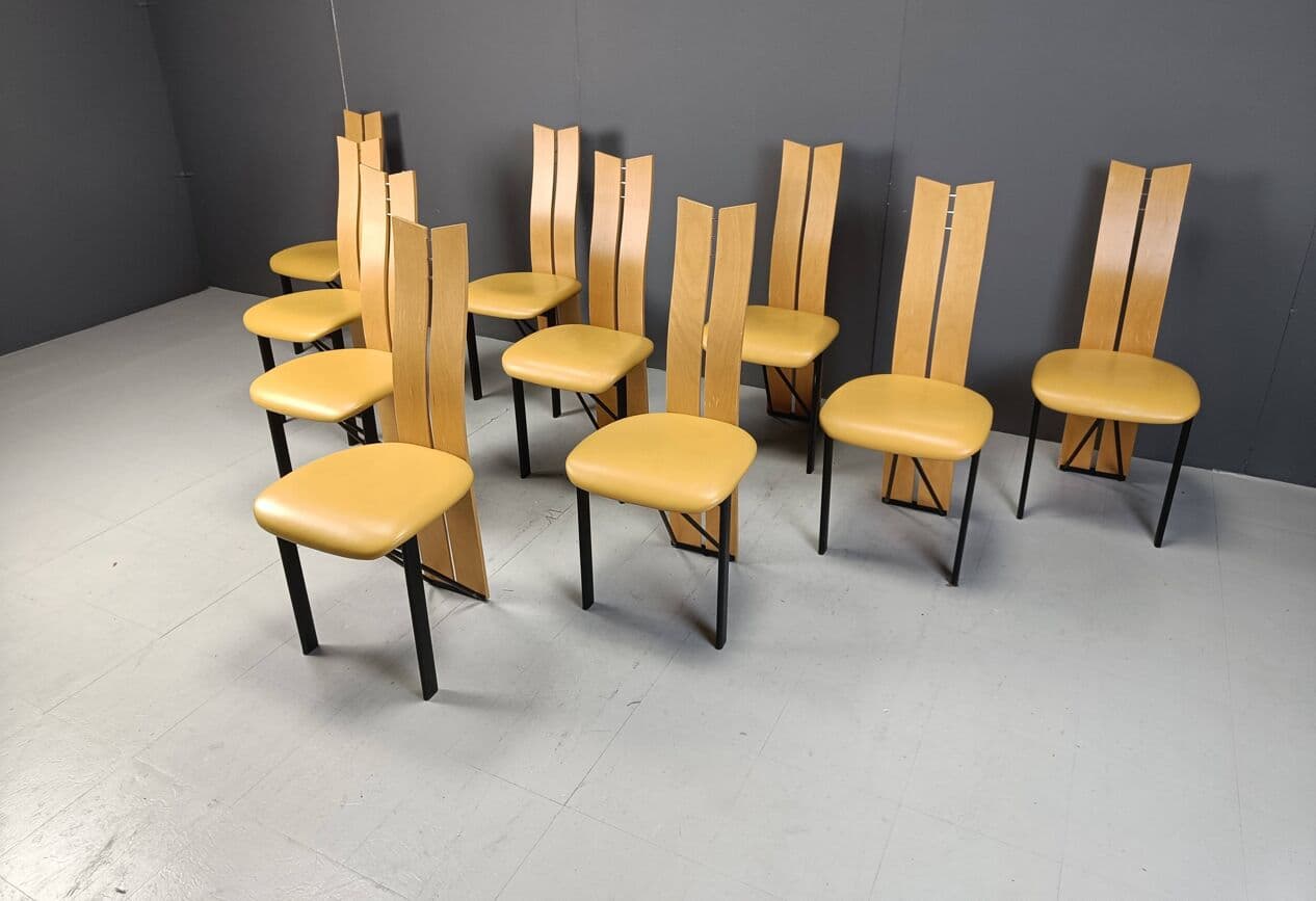Set of ten postmodern dining chairs, beige oak, beige leather, black metal, Italy, 1980s. - 269258