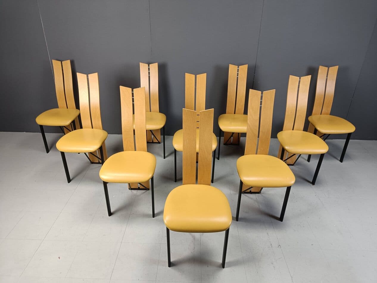 Set of ten postmodern dining chairs, beige oak, beige leather, black metal, Italy, 1980s. - 269263