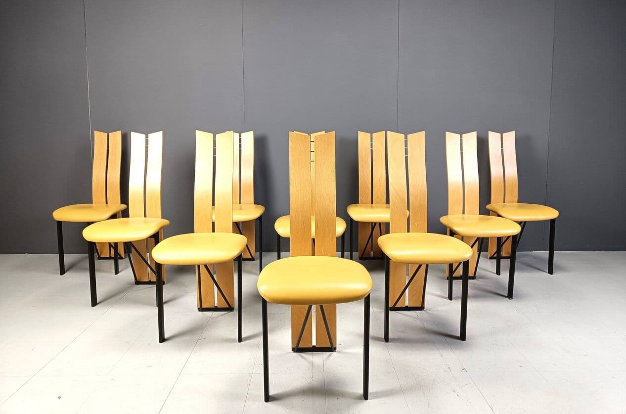 Set of ten postmodern dining chairs, beige oak, beige leather, black metal, Italy, 1980s. - 269256