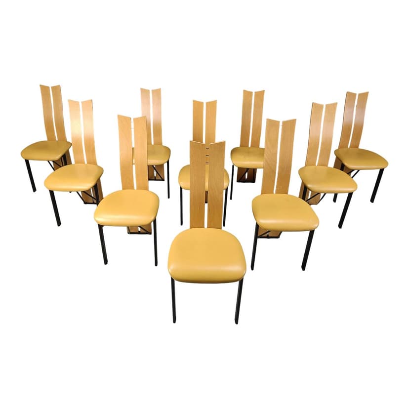 Set of ten postmodern dining chairs, beige oak, beige leather, black metal, Italy, 1980s.