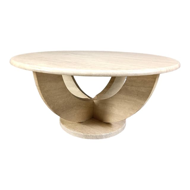 Round coffee table, beige travertine, Italy, 1970s. - DIMENSION