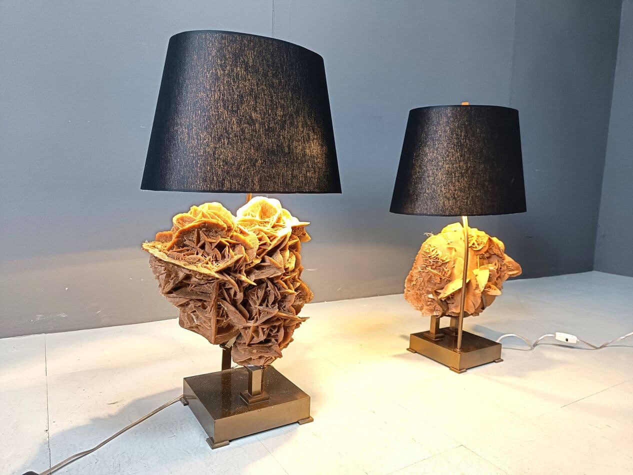 Para lamp stołowych, róża pustyni, mosiądz złoty, Belgia, lata 70. - 269238