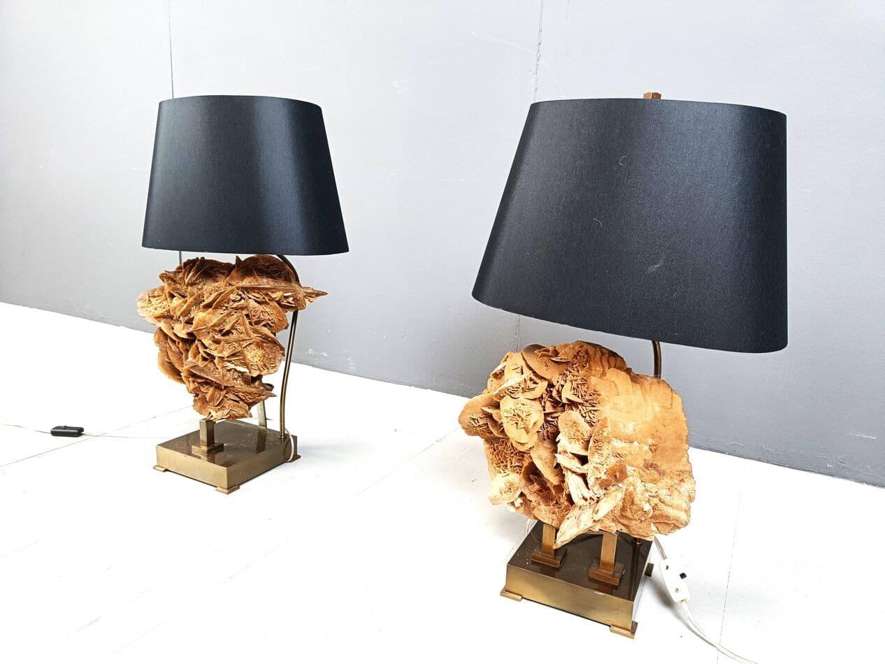 Para lamp stołowych, róża pustyni, mosiądz złoty, Belgia, lata 70. - 269234