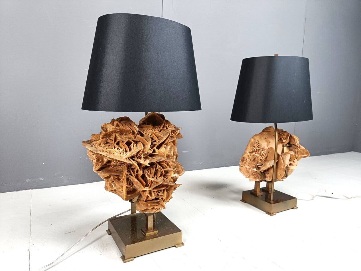 Para lamp stołowych, róża pustyni, mosiądz złoty, Belgia, lata 70. - 269235