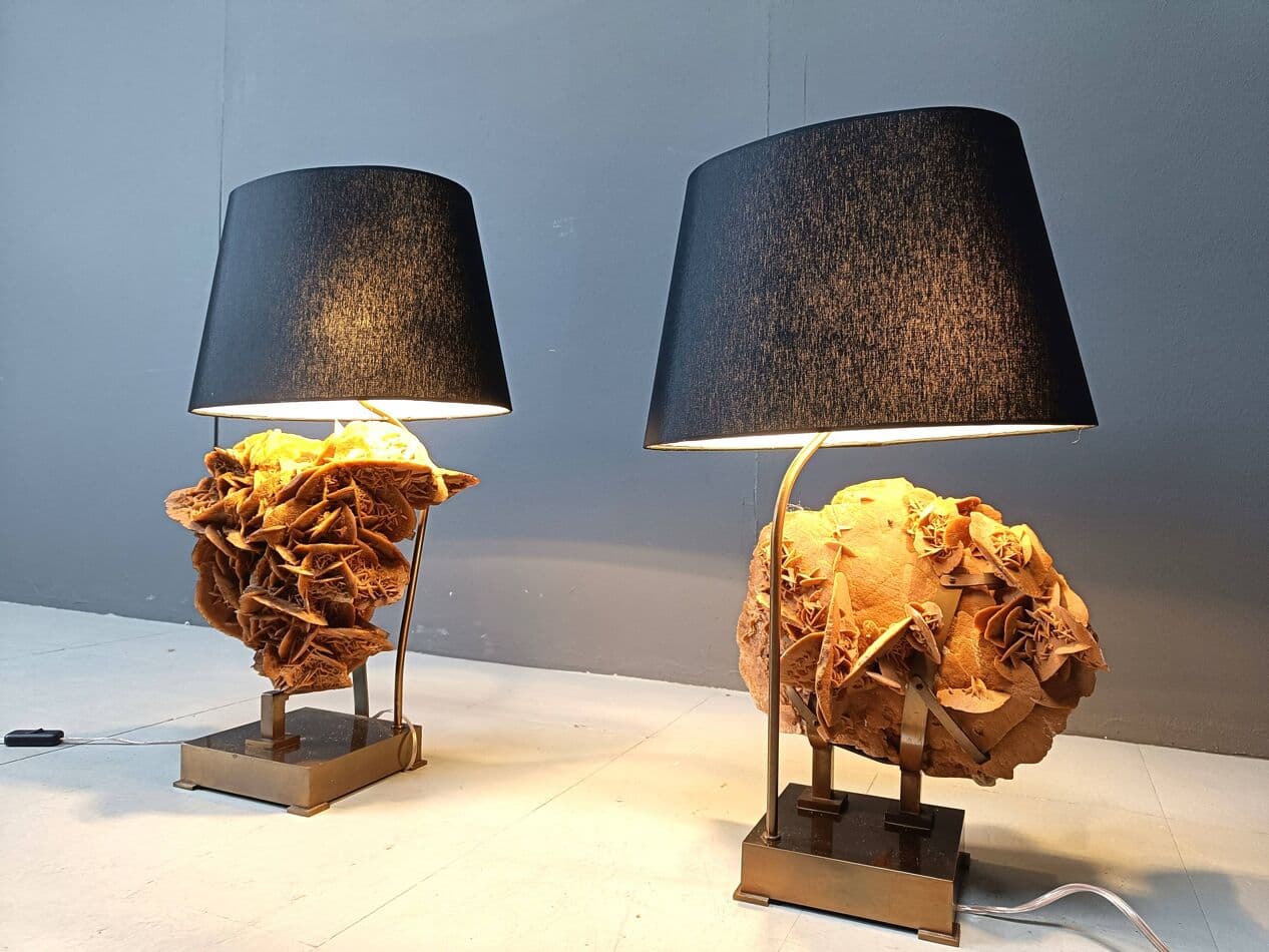 Para lamp stołowych, róża pustyni, mosiądz złoty, Belgia, lata 70. - 269241