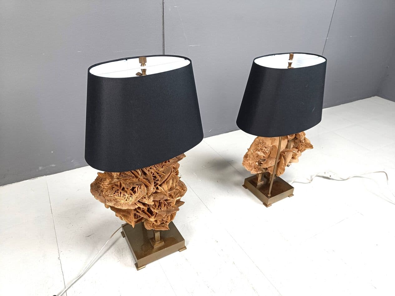 Para lamp stołowych, róża pustyni, mosiądz złoty, Belgia, lata 70. - 269237