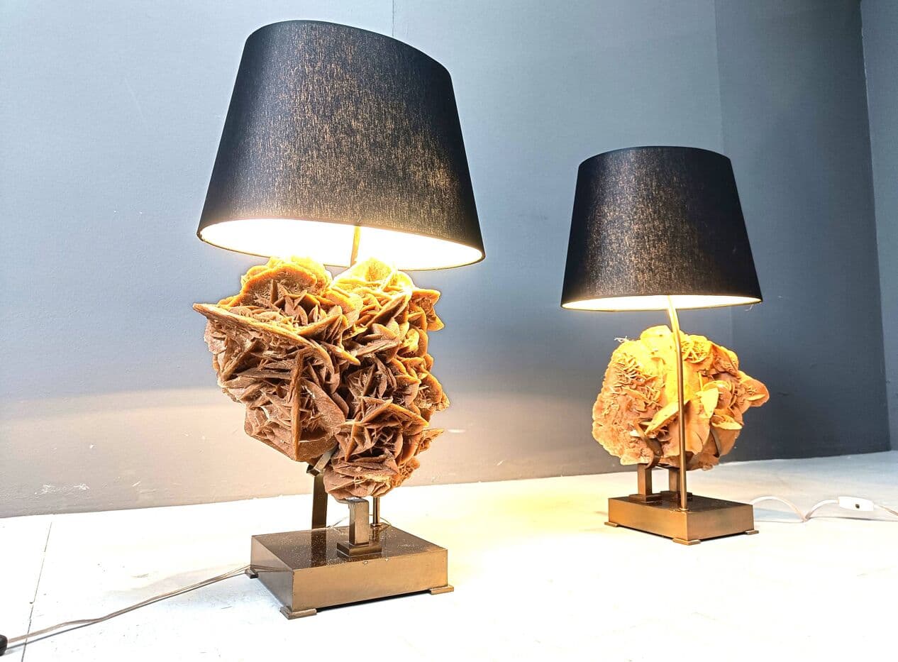 Para lamp stołowych, róża pustyni, mosiądz złoty, Belgia, lata 70. - 269239