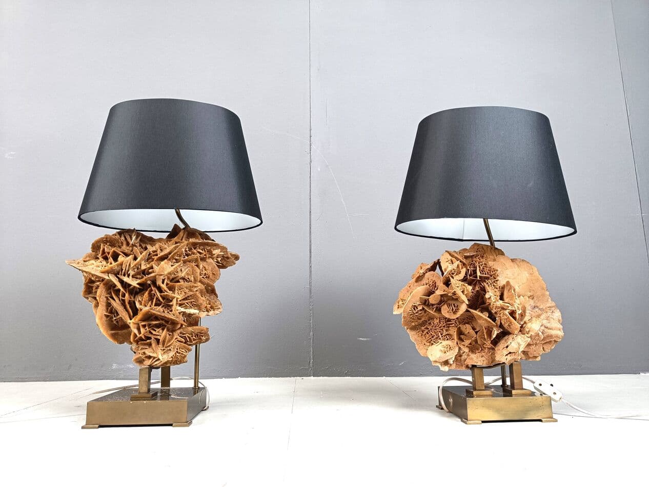 Para lamp stołowych, róża pustyni, mosiądz złoty, Belgia, lata 70. - 269232