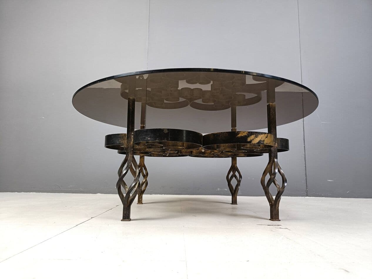 Coffee Table Brutalist, brown, iron, glass, Belgium, 1970s. - 269226
