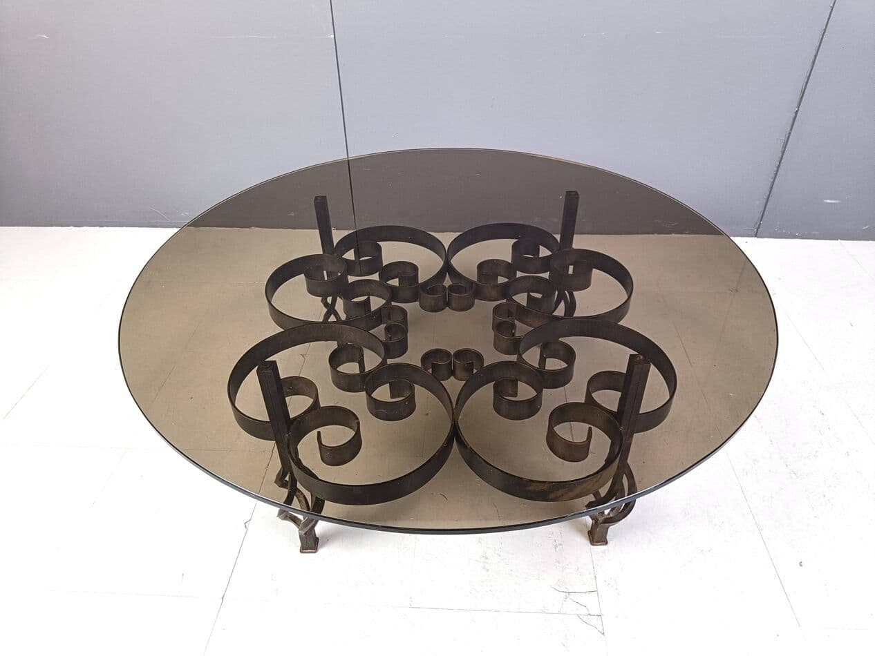 Coffee Table Brutalist, brown, iron, glass, Belgium, 1970s. - 269220