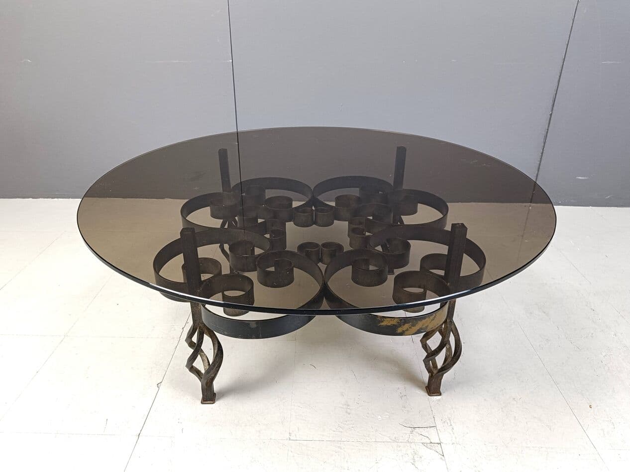 Coffee Table Brutalist, brown, iron, glass, Belgium, 1970s. - 269223