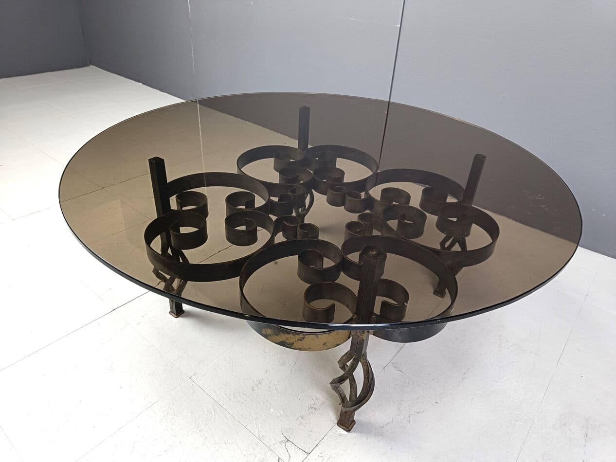 Coffee Table Brutalist, brown, iron, glass, Belgium, 1970s. - 269228