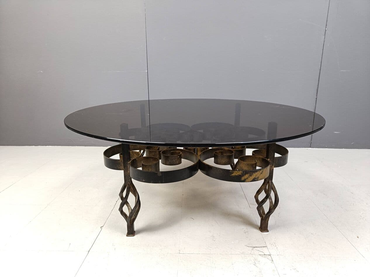 Coffee Table Brutalist, brown, iron, glass, Belgium, 1970s. - 269224