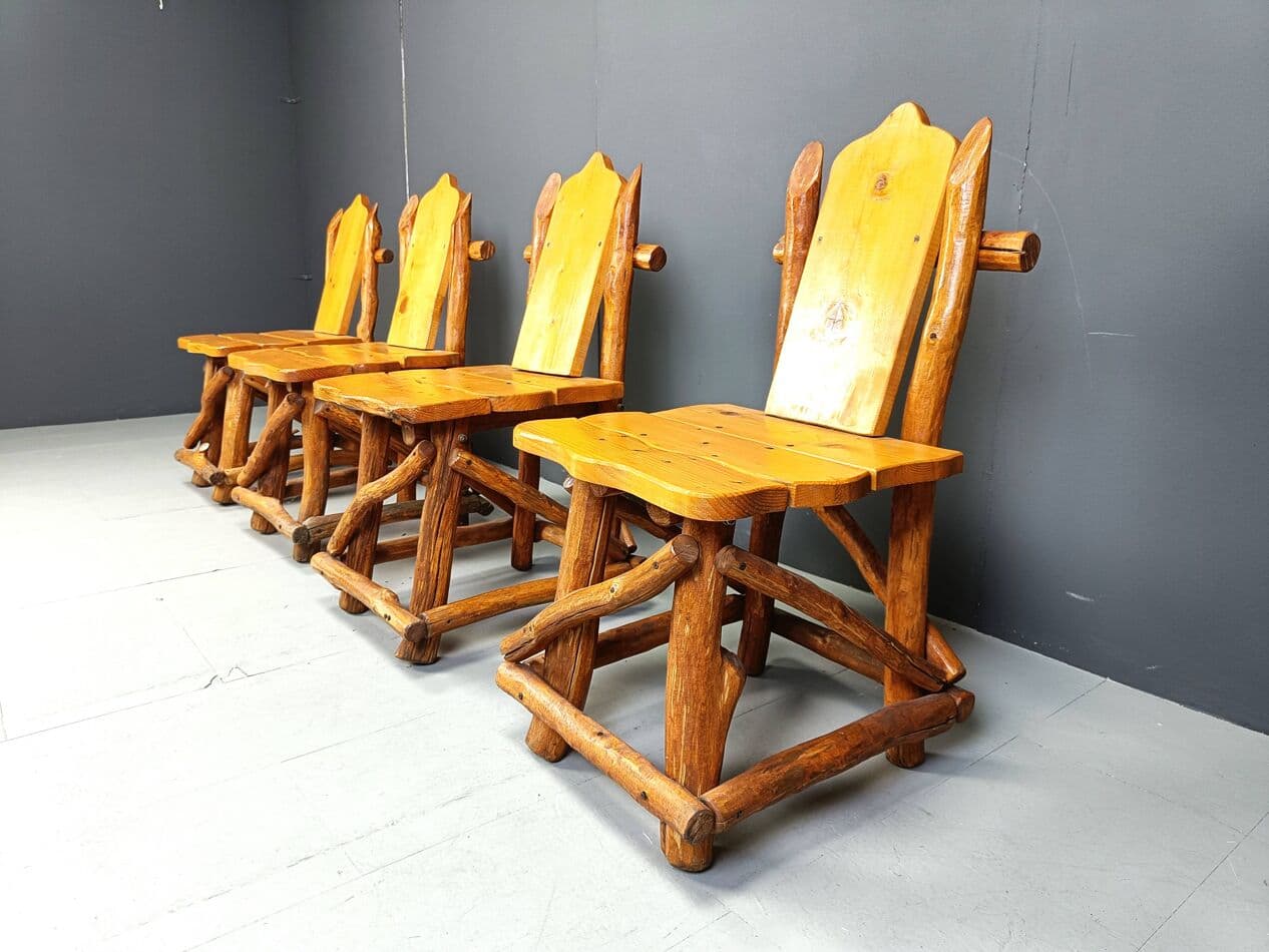 Set of four dining chairs, brutalist, brown wood, Germany, 1960s. - 269214