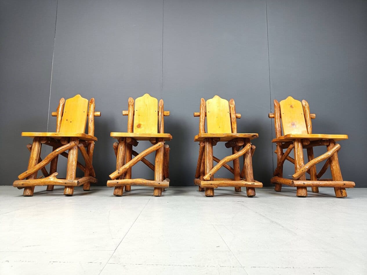 Set of four dining chairs, brutalist, brown wood, Germany, 1960s. - 269212