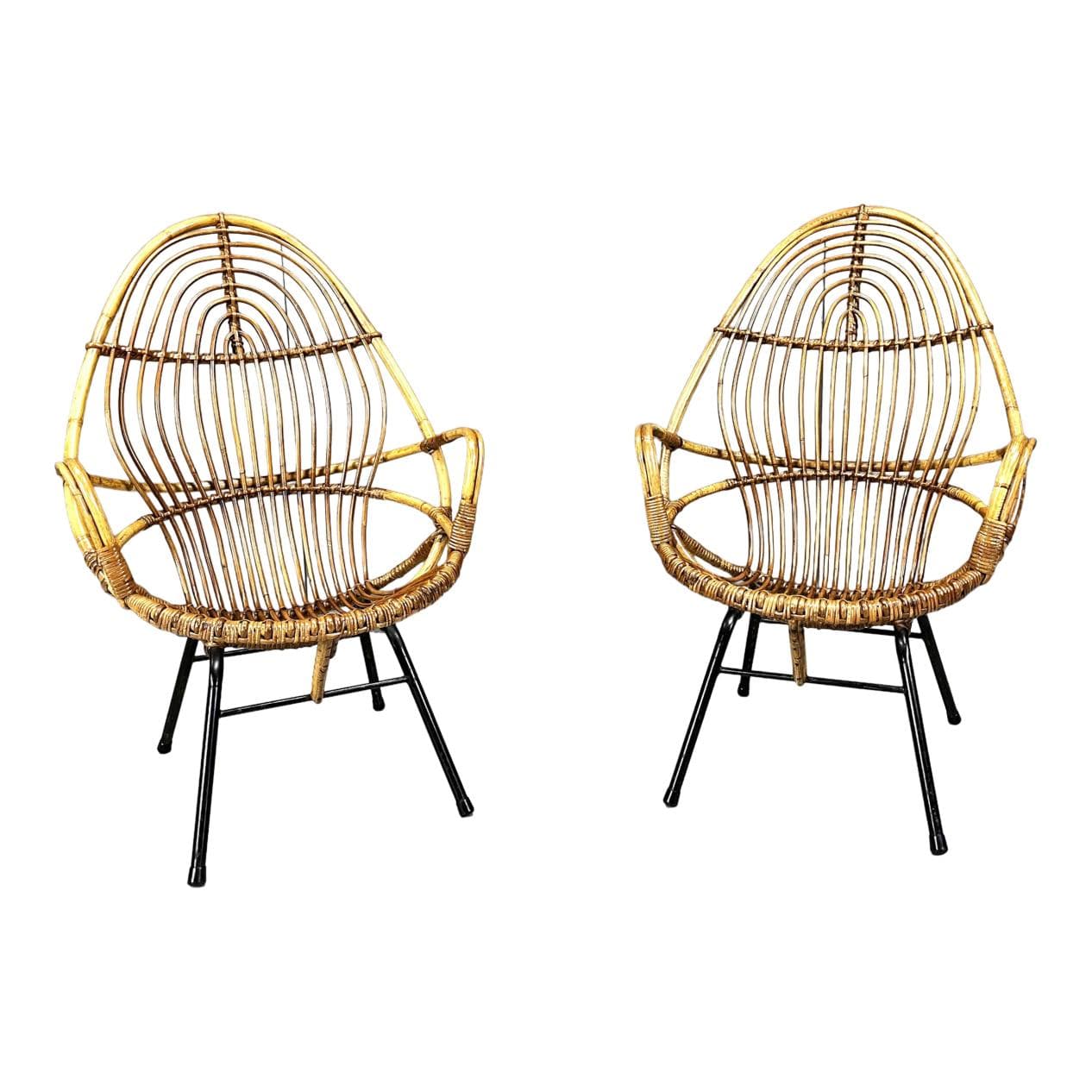 Para foteli lounge, rattan beżowy, proj. Rohé Noordwolde, Holandia, lata 60.