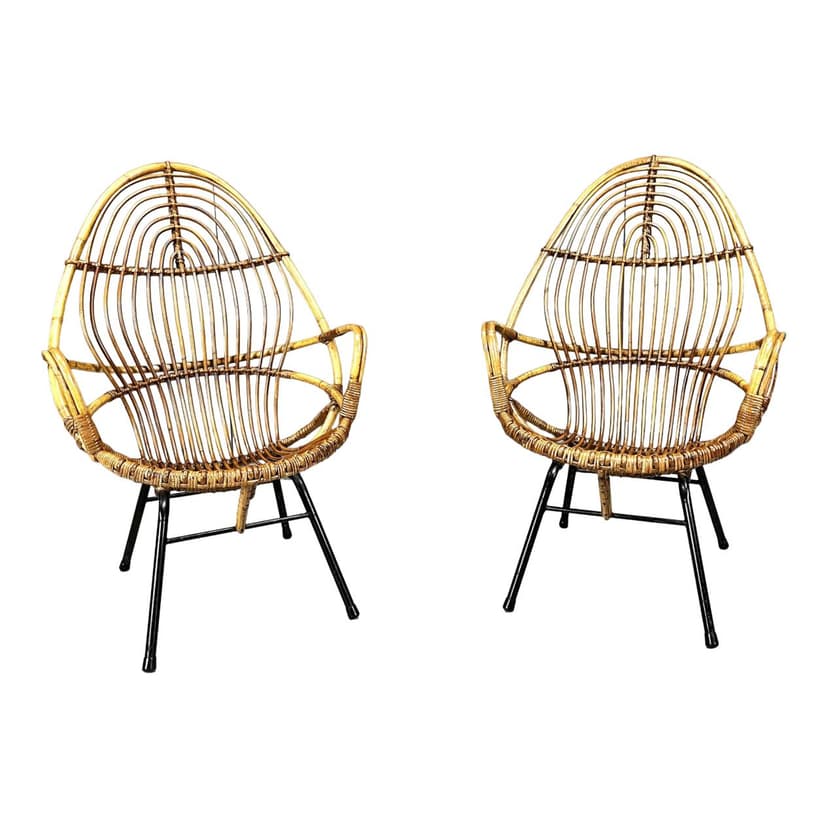 Para foteli lounge, rattan beżowy, proj. Rohé Noordwolde, Holandia, lata 60.