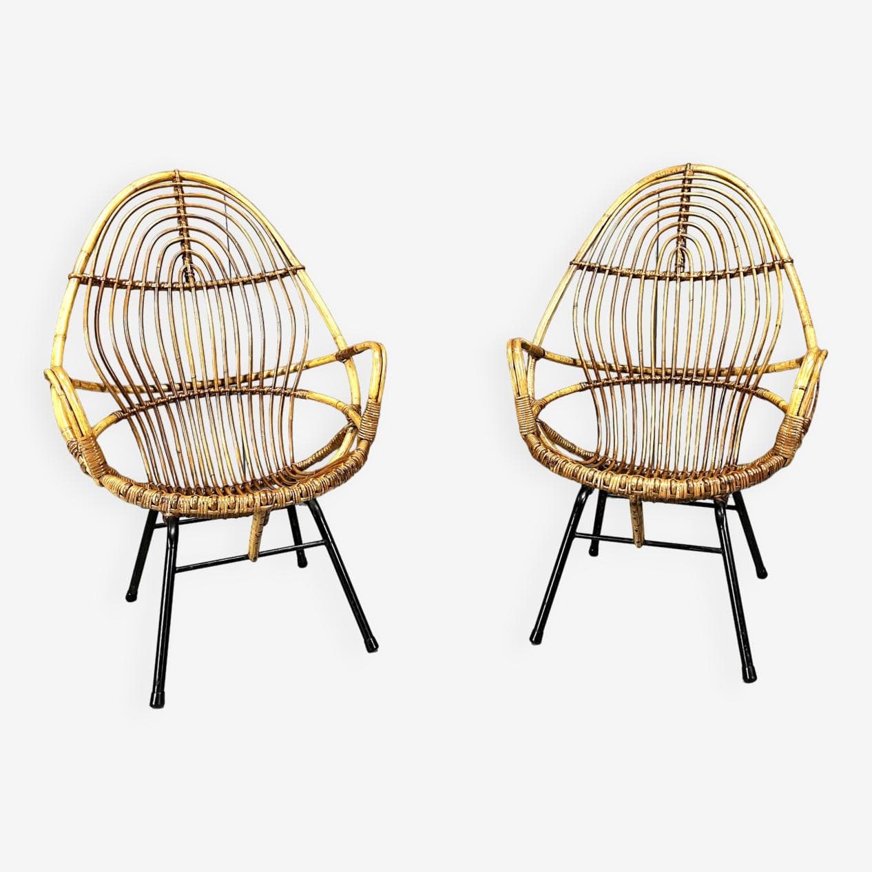 Para foteli lounge, rattan beżowy, proj. Rohé Noordwolde, Holandia, lata 60. - 269163