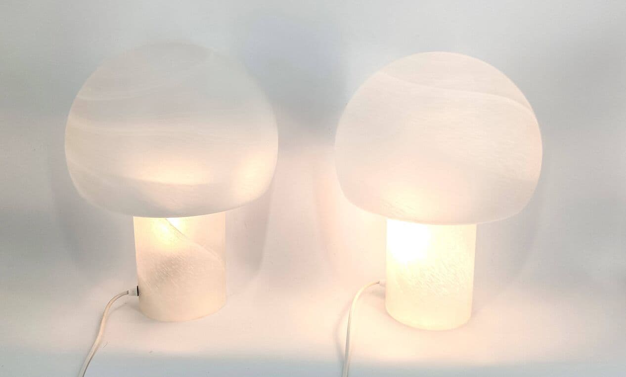 Para lamp stołowych Mushroom, szkło białe, Peill & Putzler, Niemcy, lata 70. - 269122