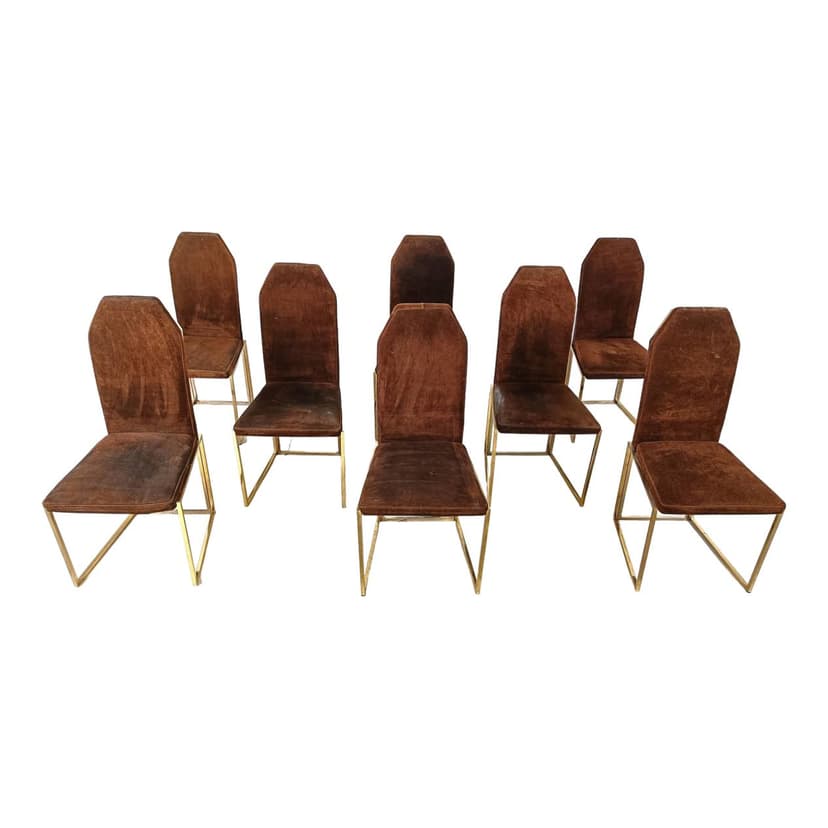 Set of Six Dining Chairs, brown alcantara, brass, Belgium, 1970s.