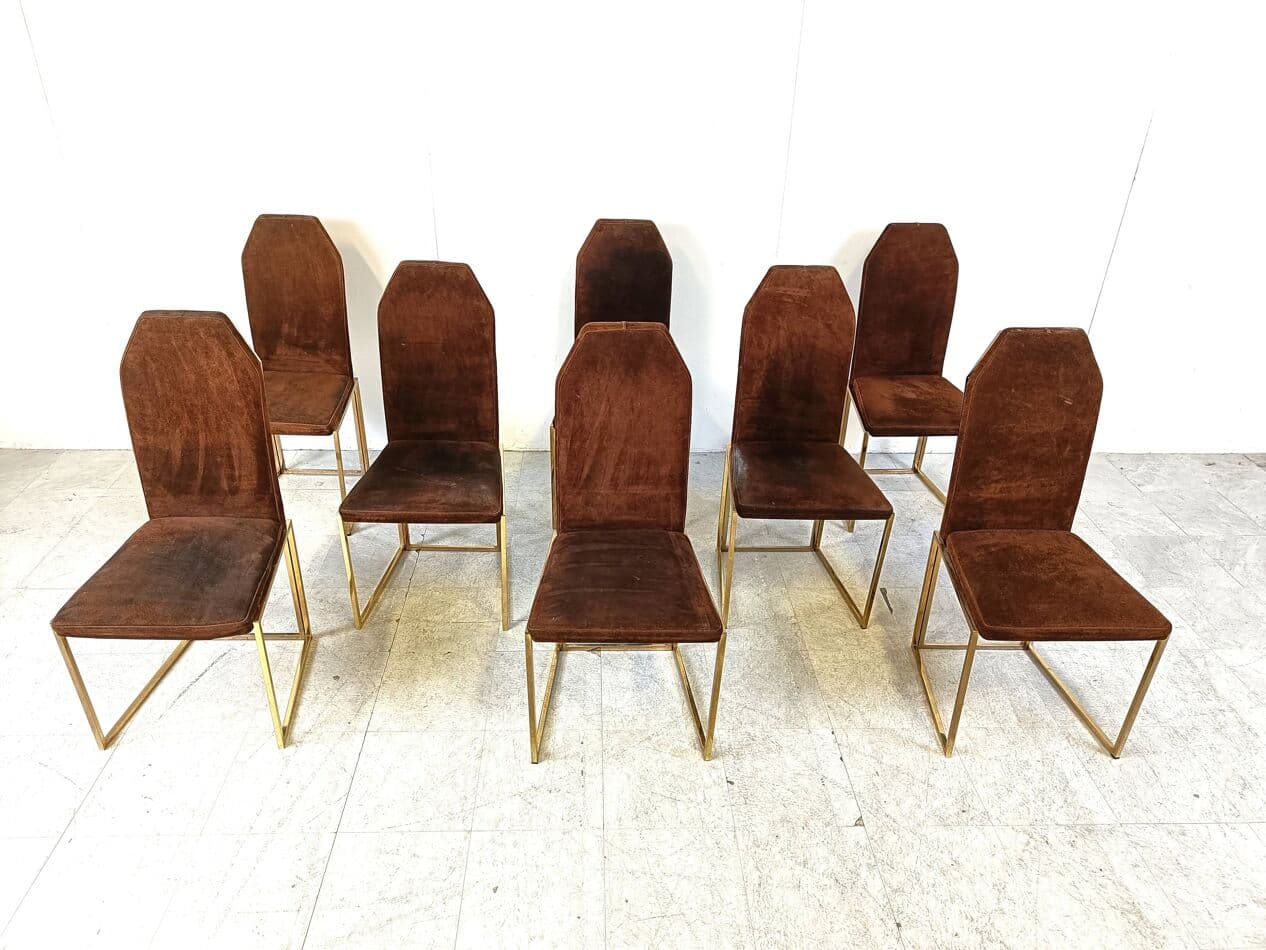 Zestaw sześciu krzeseł jadalnianych, alcantara brązowa, mosiądz, Belgia, lata 70. - 269109