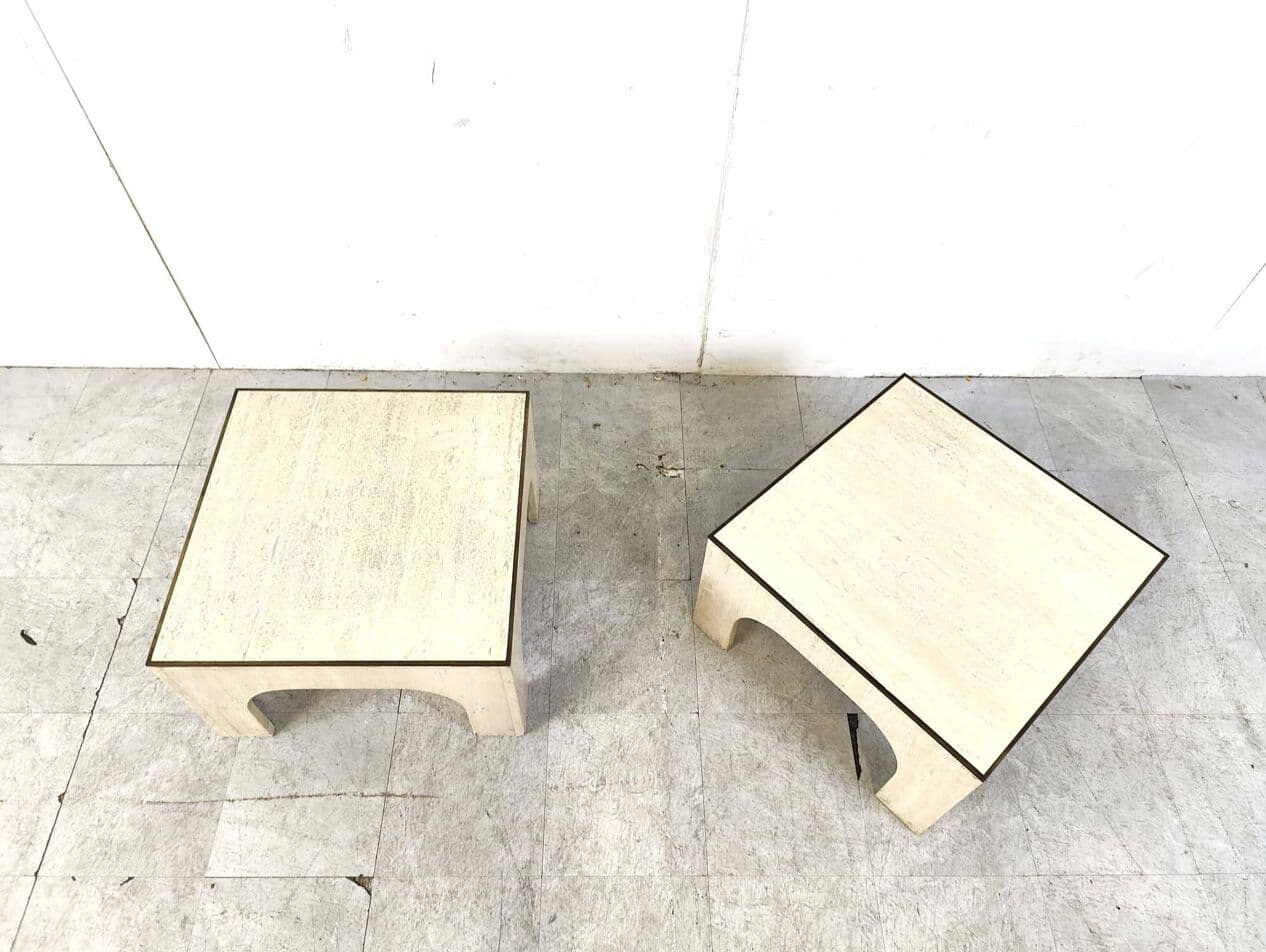 Pair of coffee tables, beige travertine, brass, Italy, 1970s. - 269092