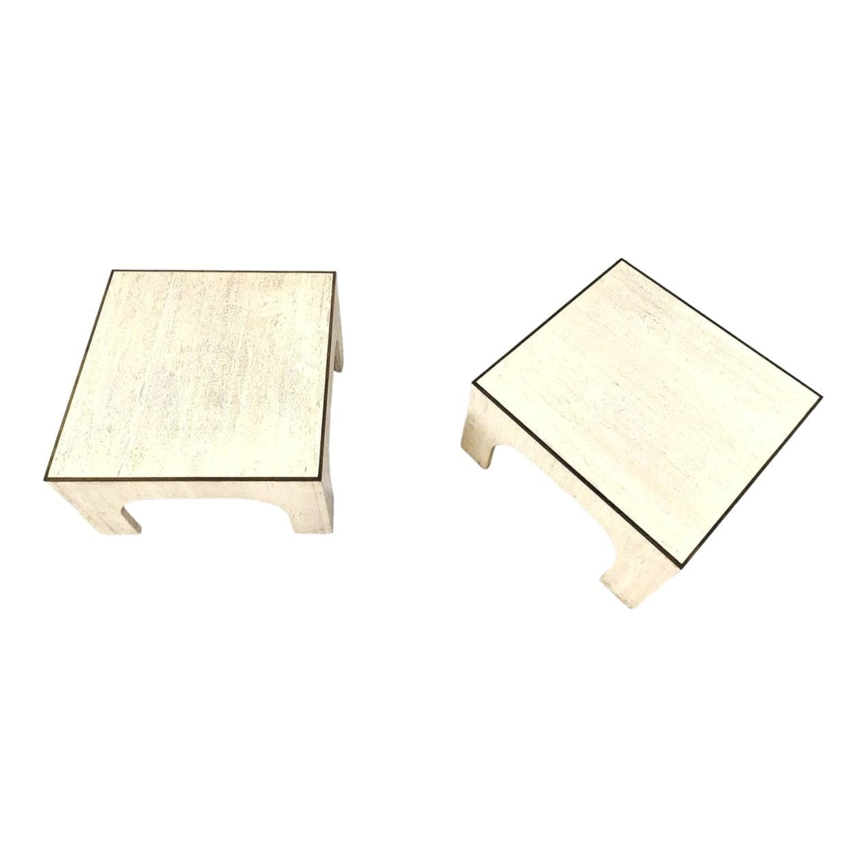 Pair of coffee tables, beige travertine, brass, Italy, 1970s.