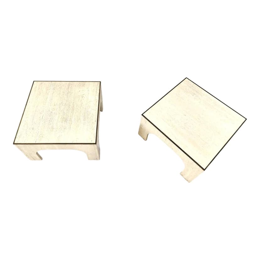 Pair of coffee tables, beige travertine, brass, Italy, 1970s.