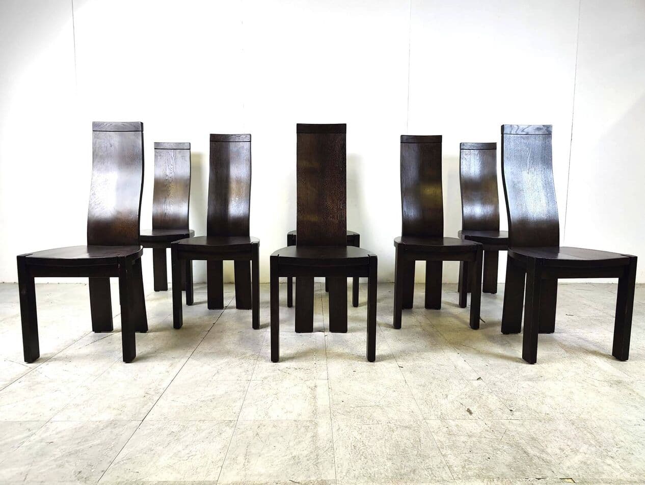 Set of eight dining chairs, brown wood, by R. van den Berghe, D. van den Berghe, Belgium, 1980s. - 269065